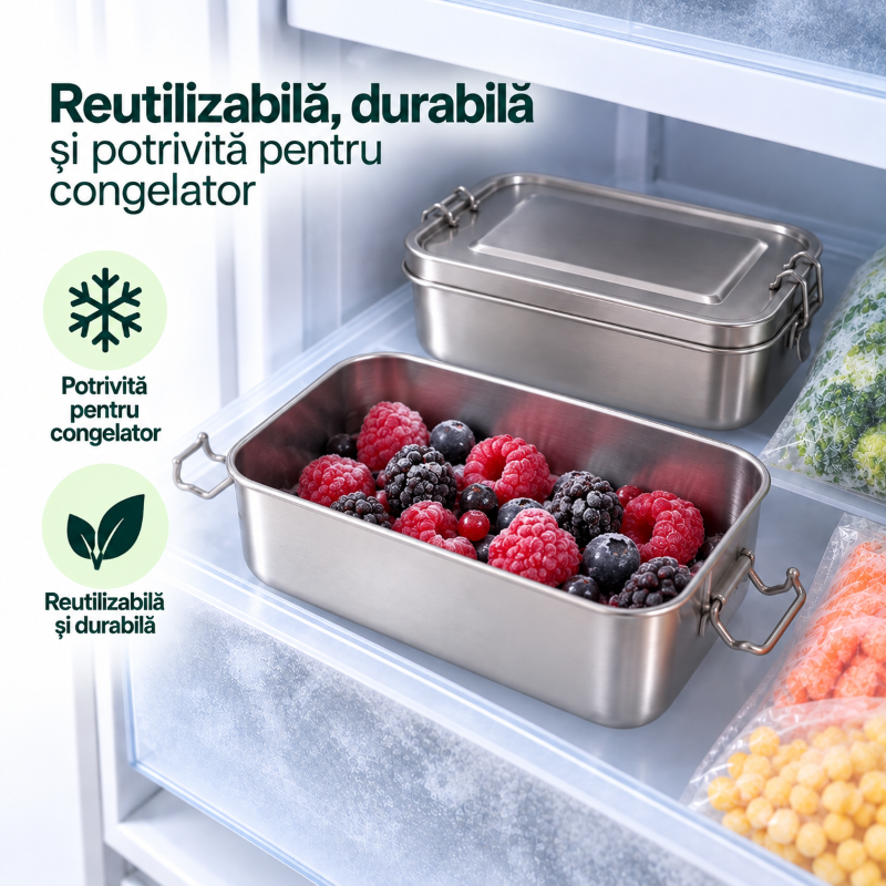 Caserolă din inox reutilizabilă și potrivită pentru congelator